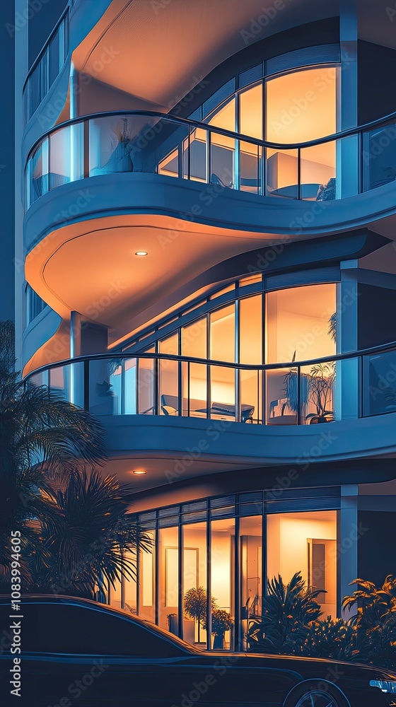 Poster here's a possible and keyword list for your image.. night view of modern apartment building with ill