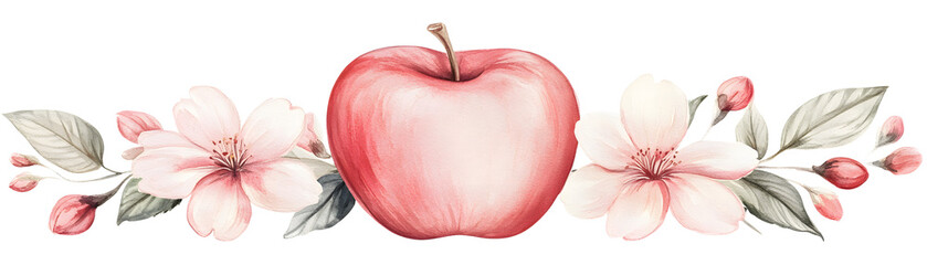 Beautiful hand-painted apple with delicate pink flowers and greenery, perfect for designs focused on nature, health, cuisine, and seasonal themes in both print and digital projects.