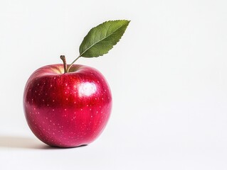 Single Red Apple with Green Leaf on White Background - Fresh Fruit, Healthy Eating, Minimalist Photography