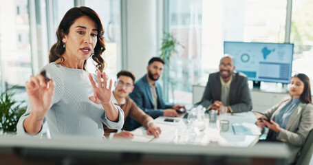 Manager, businesswoman and whiteboard for presentation, training and coaching for investment in...
