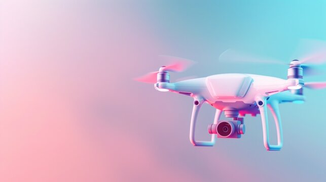 Technology banner with close-up of drone hovering in mid-air, soft gradient background, space for text on the left