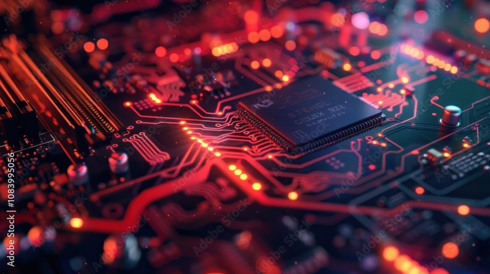 Poster technology banner with close-up of computer motherboard and glowing circuits, soft lighting, space f