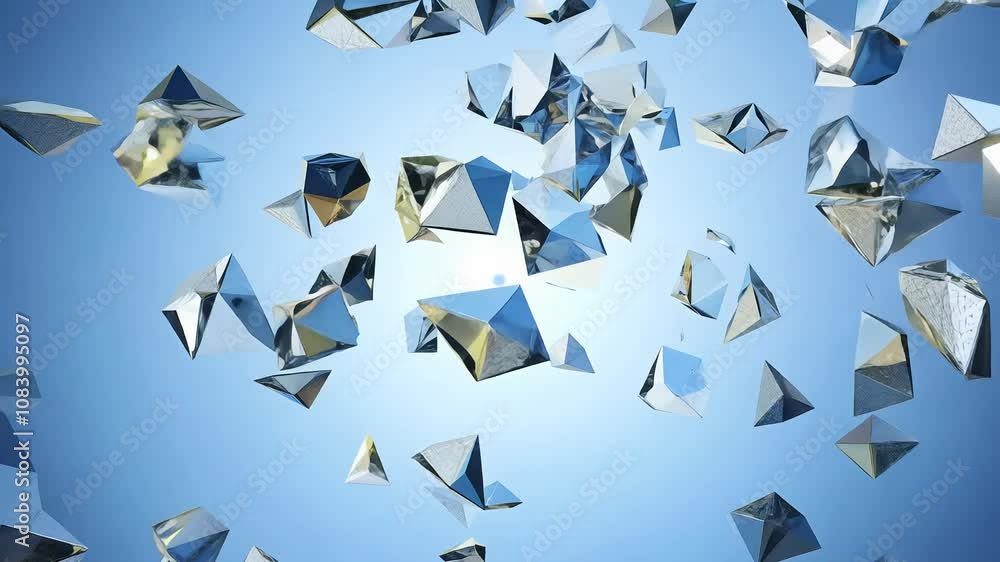 Poster camera snaps across exploding geometric shapes with sharp lighting. each piece shatters with mathema