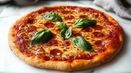 Classic Italian Pizza with Fresh Basil Leaves