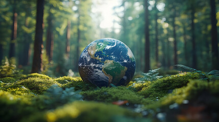 3D Earth in Lush Forest Illustration - Moss, Ferns, Sunlight