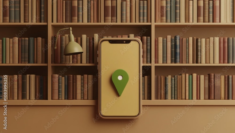 Poster A smartphone displaying a location pin in front of a bookshelf.