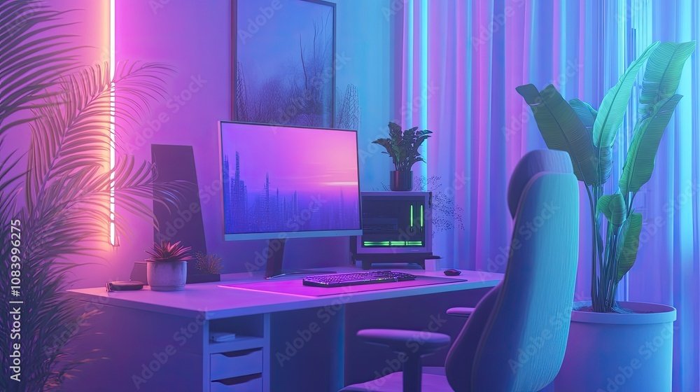 Poster here's a description and keywords for your image.. neon-lit gaming setup with plants and cityscape d