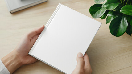 Obraz premium A person holds a blank notebook on a wooden surface, with a plant in the background, highlighting creativity and organization.