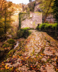 Moulin du Saut, an 18th century derelict mill in a forest of autumn colours on the Alzou river in...