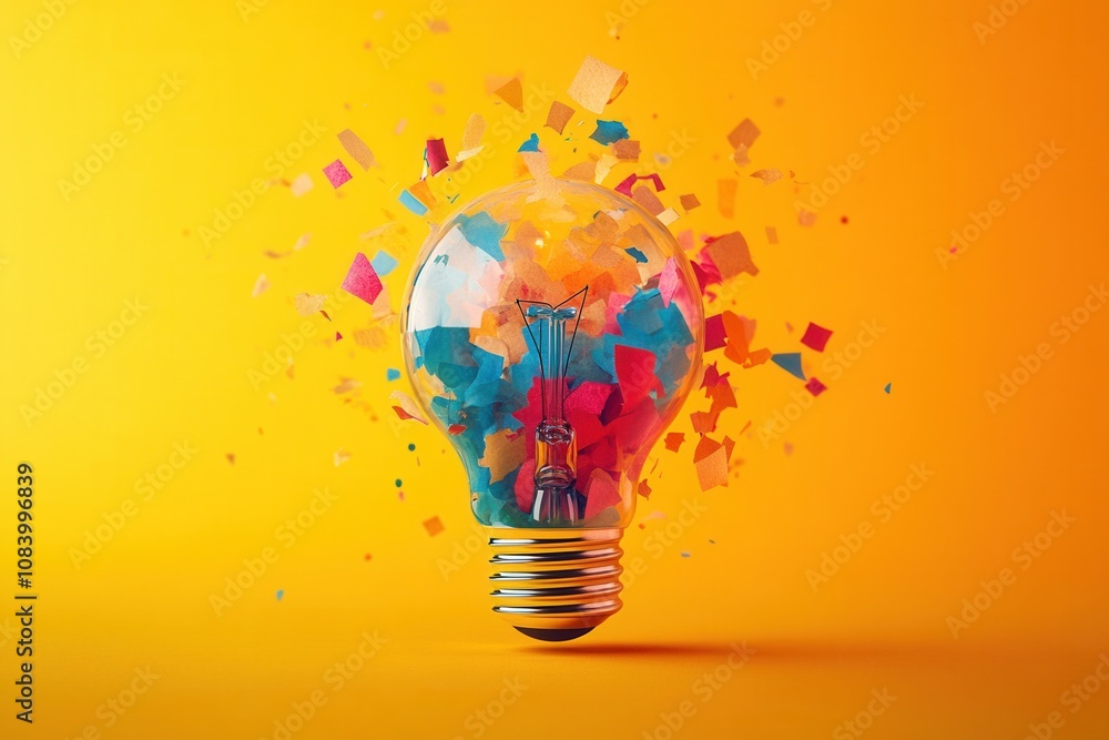 Aufkleber light bulb exploding with colorful pieces of paper on yellow background