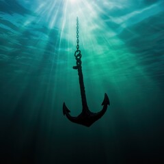 Obraz premium an anchor submerged in clear blue water with sunlight filtering through