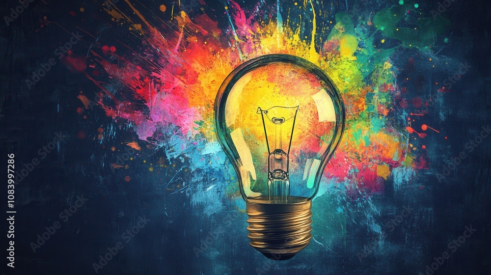 Poster light bulb exploding with colorful paint splash symbolizing creativity