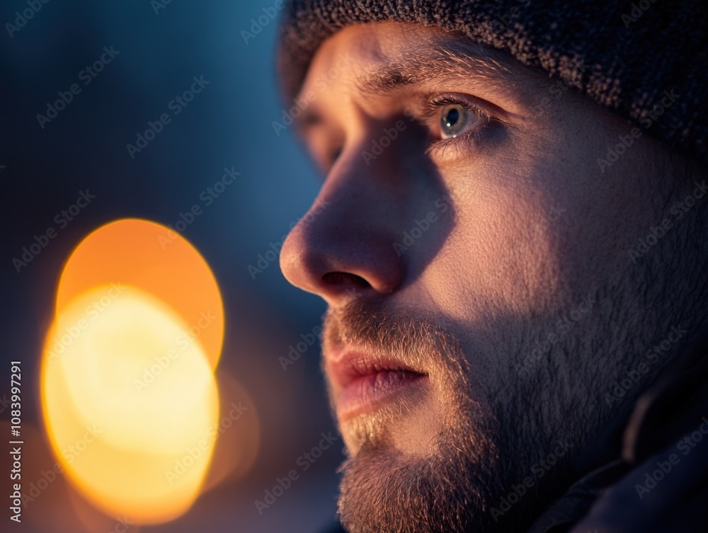 Poster close-up portrait of a thoughtful man with a soft bokeh background
