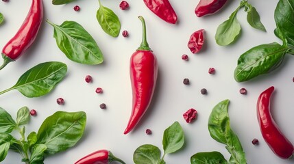 Vibrant Red Chili Peppers with Fresh Green Leaves