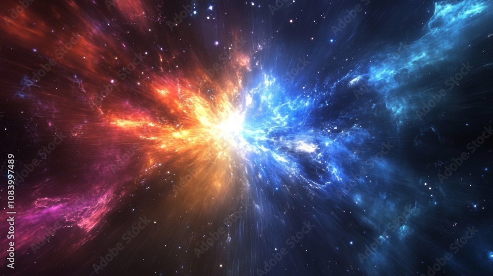 Poster stunning cosmic explosion of bright colors and light in a vast space filled with stars capturing the