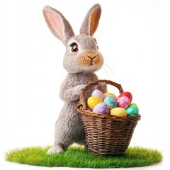 Adorable Easter Bunny Holding a Basket of Colorful Easter Eggs on Green Grass - Spring Holiday Image