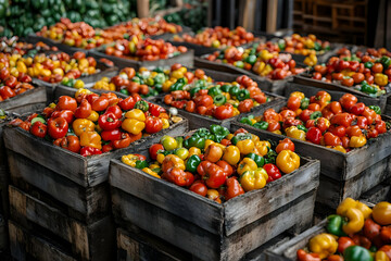 Photo Colorful Peppers in Wooden Crates at Market