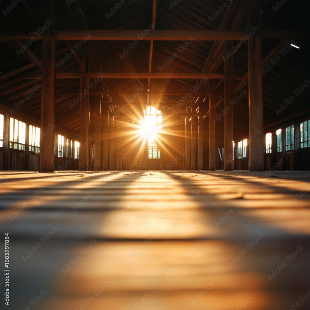 Poster sunlight streaming through an abandoned building creating a warm atmosphere
