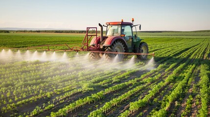 Fototapeta premium Tractor spraying pesticides, copy space, free space for text, green farm field with young sprouts background, rural landscape