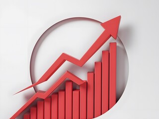 A 3D render of a red upward arrow graph with a rising trend. The graph has a few data points, but the overall trend is upward. The arrow is cut out and placed on a white background. The arrow has a sm