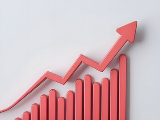A 3D render of a red upward arrow graph with a rising trend. The graph has a few data points, but the overall trend is upward. The arrow is cut out and placed on a white background. The arrow has a sm