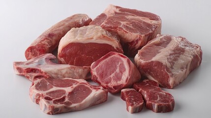 Fototapeta premium A Diverse Selection of Fresh Cuts of Red Meat Arranged on a White Surface, Showcasing Various Textures, Colors, and Shapes Suitable for Culinary and Food Photography.