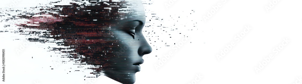 Poster abstract representation of a human face dissolving into digital particles.