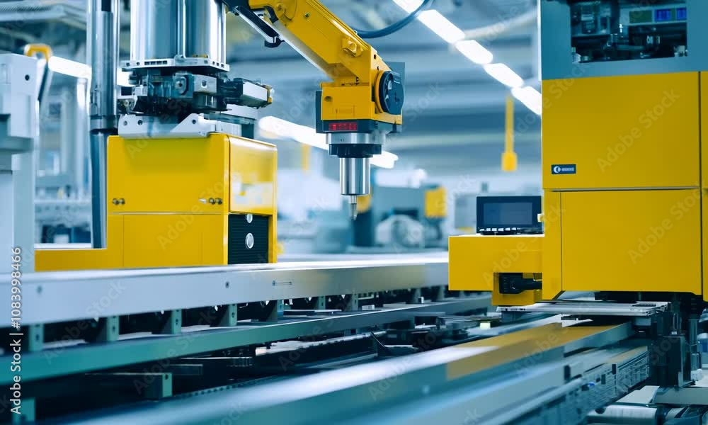 Poster high-tech factory assembly line with robotic arms and bright yellow machines