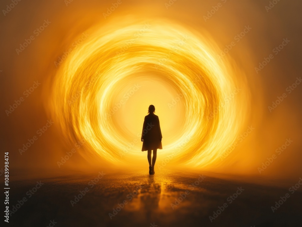 Poster silhouette of a person standing in front of a glowing portal in a foggy environment