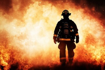 Fototapeta premium Firefighter Silhouette Against Flames and Smoke