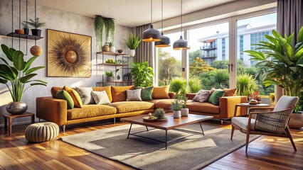 Fototapeta premium Cozy Urban Living Room Interior Design with Natural Light, Stylish Furniture, and Inviting Decor for Modern Homes