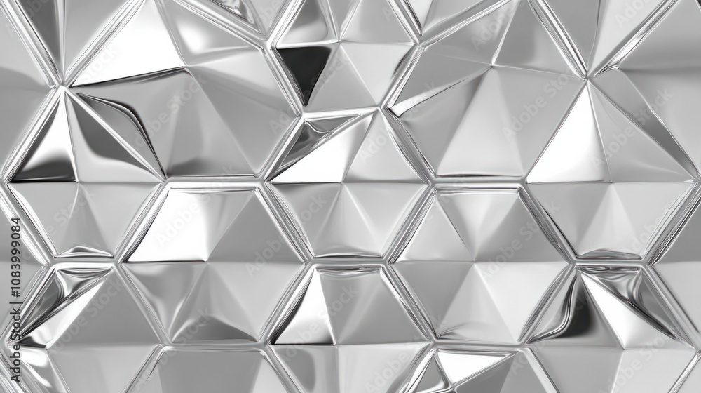 Poster 3d metallic geometric pattern with hexagonal shapes, shiny and reflective surface in silver