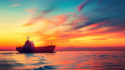 Obraz premium Transportation banner with silhouette of cargo ship at sea against colorful sunset sky, gradient tones, space for text