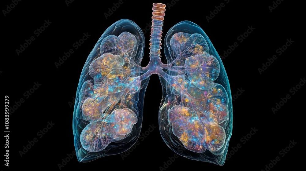 Poster intricate visualization of human lungs highlighting pulmonary structures, alveoli, and the respirato
