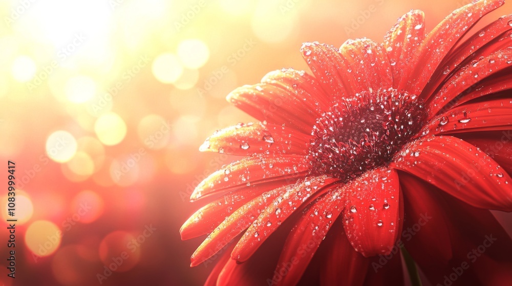 Poster bright red flower with water droplets against a soft bokeh background, capturing the essence of natu