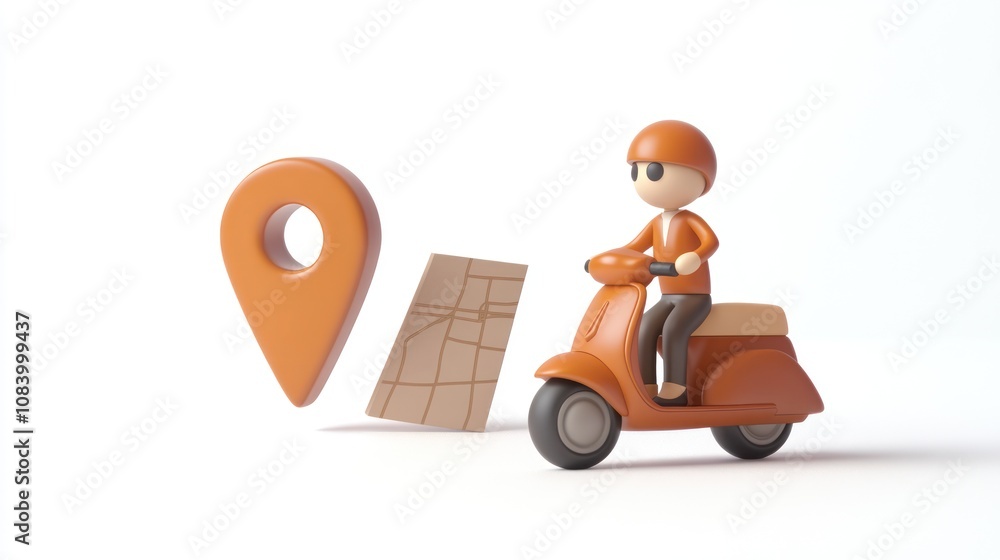 Poster a 3d illustration of a scooter rider with a location pin and a map, symbolizing navigation.