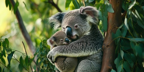 Fototapeta premium A heartwarming scene of a koala mother holding her baby in a tree. 