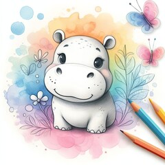 Fototapeta premium Adorable Baby Hippo Smiles Among Watercolor Flowers and Butterflies in Magical Pastel Garden of Childhood Dreams