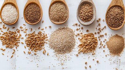 Assorted Spelt Grains in Wooden Spoons