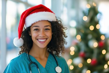 Smiling Nurse in Holiday Hat with Christmas Tree Background