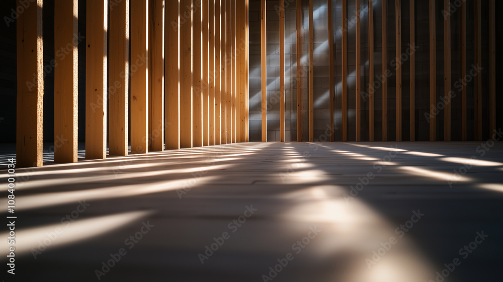 Poster Sunlight filters through a wall of wooden studs, creating stripes of light and shadow on the ground, capturing the promise of future walls and windows.