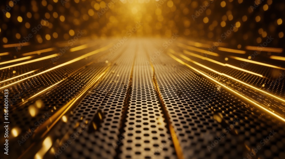 Poster abstract 3d metallic mesh with hexagonal grids, shiny and glowing, creating a futuristic background