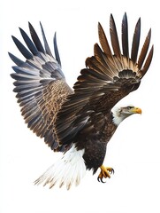 Obraz premium Majestic Bald Eagle in Flight Detailed Close-Up of Wings and Talons Against White Background