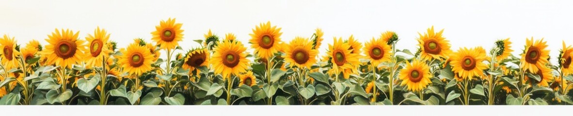 Obraz premium Vibrant Sunflower Field Panorama A Stunning Row of Sunflowers Against a White Background - Perfect for Summer Designs, Wallpapers, and More