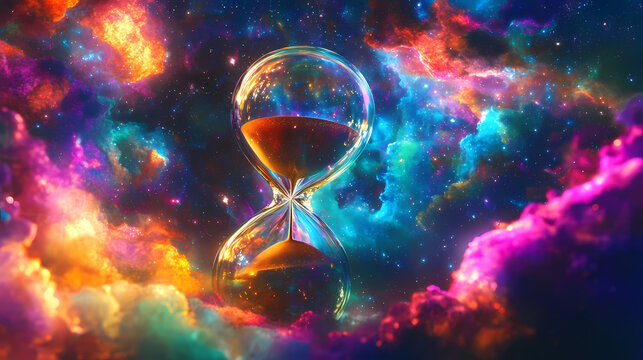A surreal depiction of a glowing hourglass amidst a vibrant galactic background, blending the concepts of time, space, and the universe in a colorful, cosmic setting. Galactic. Illustration