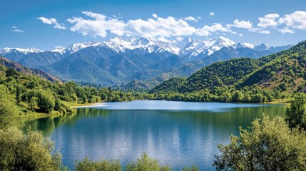Fototapeta premium Serene mountain lake reflecting snow-capped peaks under a bright blue sky.