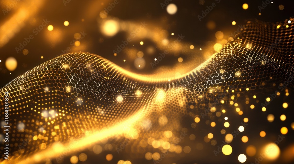 Poster abstract 3d metallic mesh with hexagonal grids, shiny and glowing, creating a futuristic background
