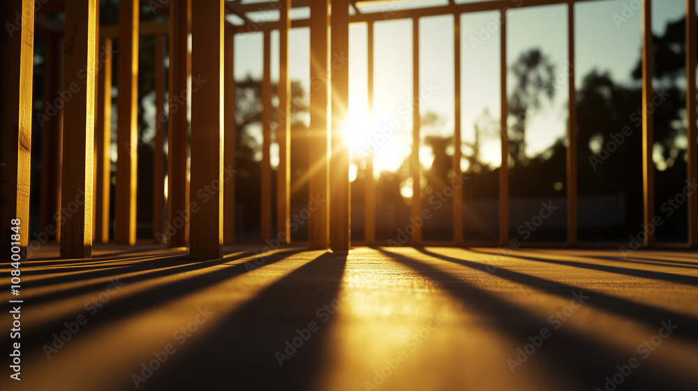 Poster golden sunlight streaming through open spaces in the framing of a house under construction, casting 