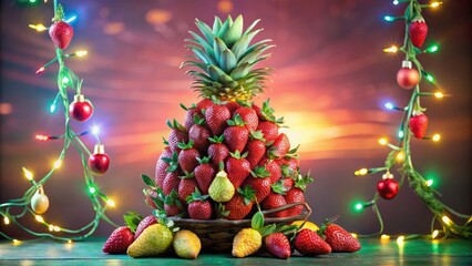 Festive Strawberry Christmas Tree on Pineapple Base with Holiday Decorations, Celebrating Unique Holiday Centerpieces and Seasonal Fruit Arrangements for Celebrations