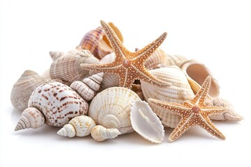 Stunning Collection of Seashells and Starfish on White Background - Summer Vacation, Beach Theme Stock Photo